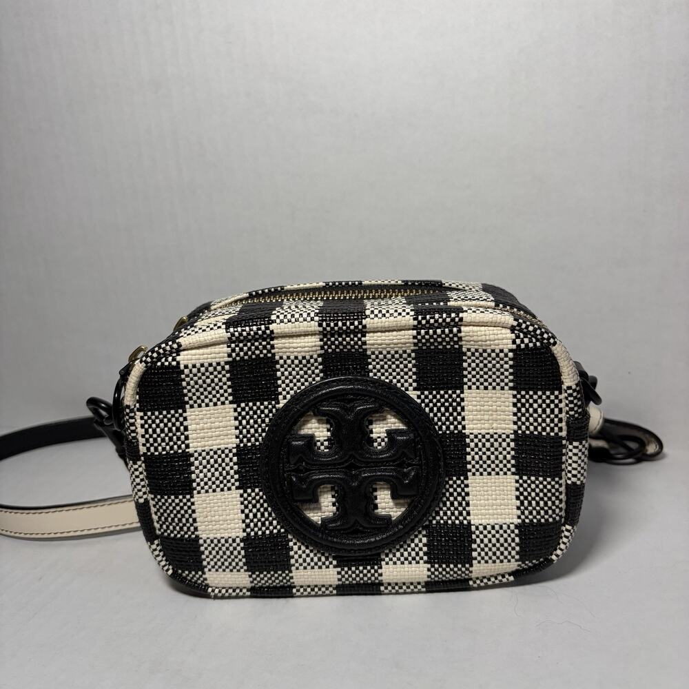 Tory Burch Perry Bombe Gingham Mini Crossbody Bag Black White Logo Gold Hardware